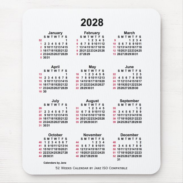 2028 Vit 52 veckor ISO-kalender från Janz Musmatta (Framsidan)