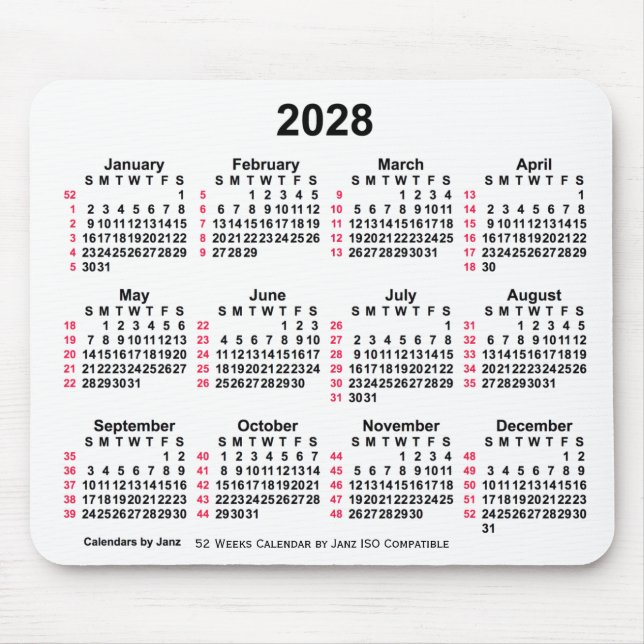2028 Vit 52 veckor ISO-kalender från Janz Musmatta (Framsidan)