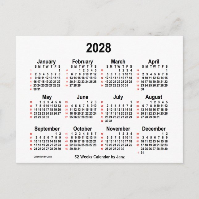 2028 Vit kalender 52 veckor från Janz Vykort (Framsida)