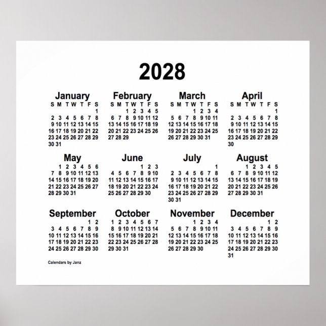 2028 Vit kalender av Janz Print Poster (Framsidan)