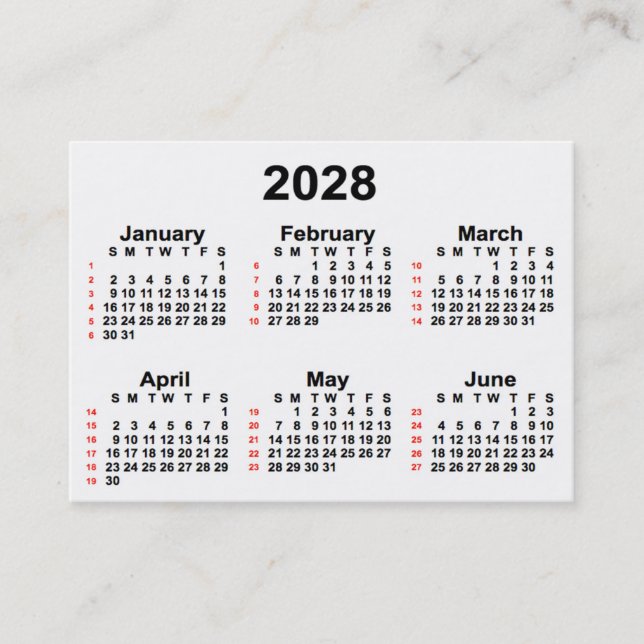 2028 Vit kalender för 52 veckor från Janz Affärsko Visitkort (Framsida)