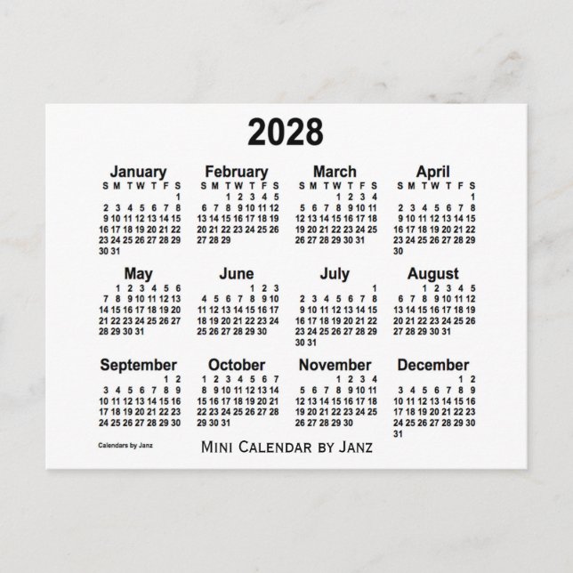 2028 White Mini Calendar från Janz Vykort (Framsida)