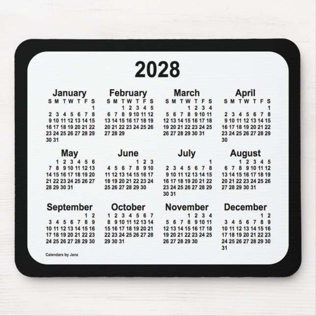 2028 White on Black Calendar från Janz Two Tone Musmatta (Framsidan)