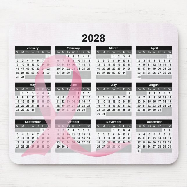2028 Year Calendar Pink Ribbon Musmatta (Framsidan)