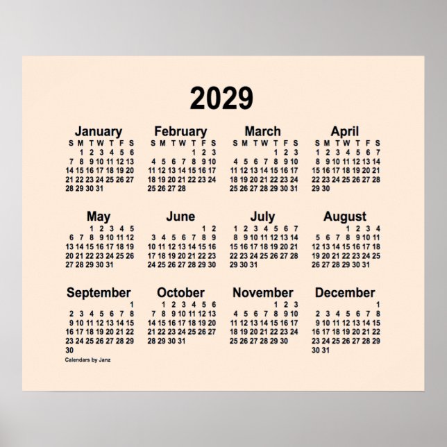 2029 Antik Vit Kalender av Janz Print Poster (Framsidan)