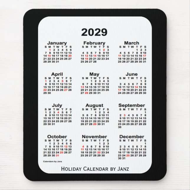 2029 års Helgdag - svart kalender från Janz Musmatta (Framsidan)