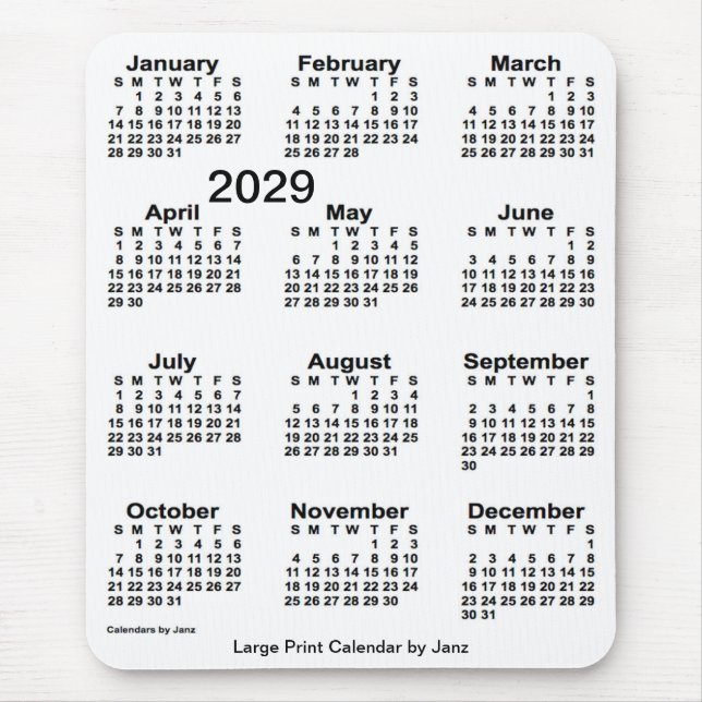 2029 års kalender för vit utskrift från Janz Musmatta (Framsidan)