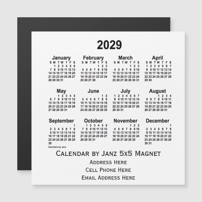 2029 års vitbokskalender från Janz 5x5 Magnet (Fram/baksida)