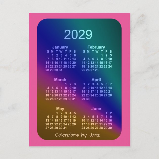 2029 Aurora Rosa 6 månaders Mini Calendar av Janz Vykort (Framsida)