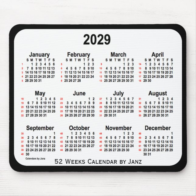 2029 Black Two Tone 52 Weeks-kalender från Janz Musmatta (Framsidan)