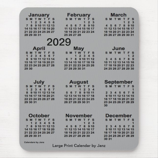 2029 Grått-kalender för byte mellan byte och utskr Musmatta (Framsidan)