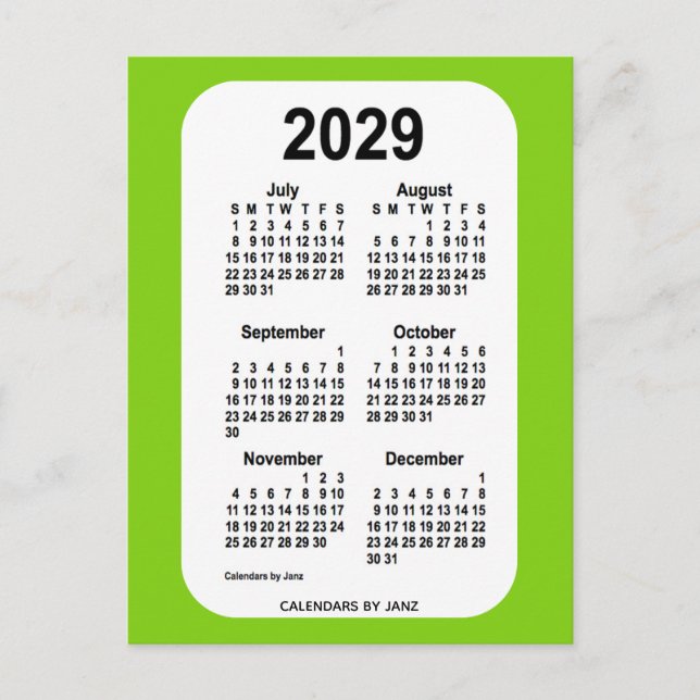 2029 Gult Grönt 6 Mini Calendar från Janz Vykort (Framsida)