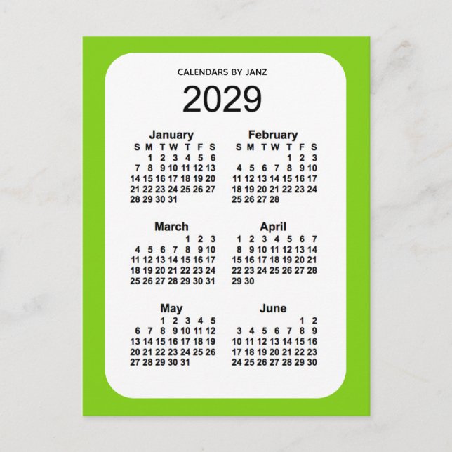2029 Gult Grönt 6 Mini Calendar från Janz Vykort (Framsida)