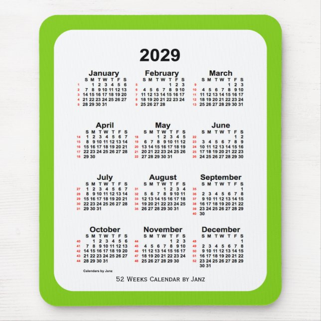 2029 Gultens Grönt 52 veckors kalender från Janz Musmatta (Framsidan)