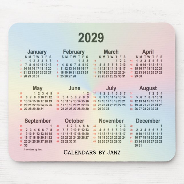 2029 Rainbow Cloud 52 veckor Kalender från Janz Musmatta (Framsidan)