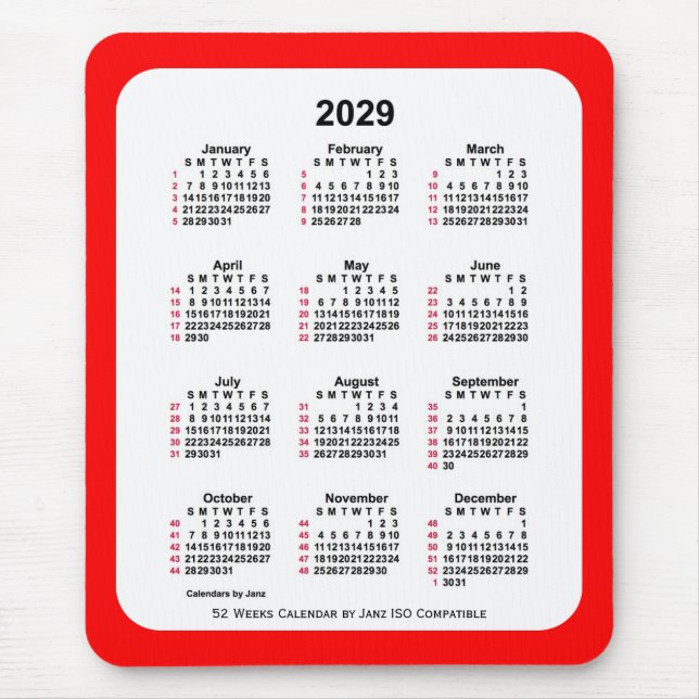 2029 Red 52 Weeks ISO Calendar av Janz Two Tone Musmatta (Framsidan)