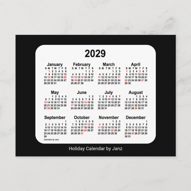 2029 Svart Holiday Mini Kalender av Janz Helg Vykort (Framsida)