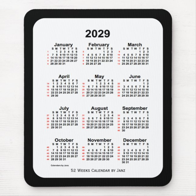 2029 Svartvit 52 veckors kalender från Janz Musmatta (Framsidan)
