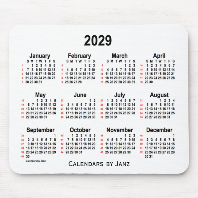 2029 Vit kalender 52 veckor från Janz Musmatta (Framsidan)