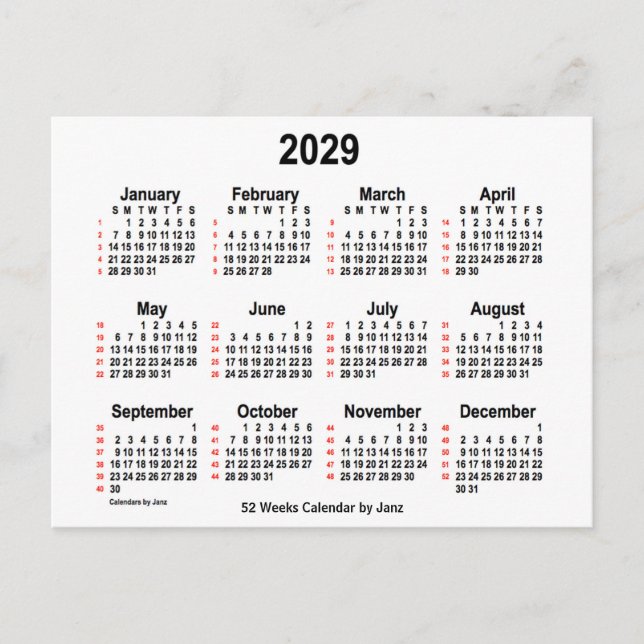 2029 Vit kalender 52 veckor från Janz Vykort (Framsida)