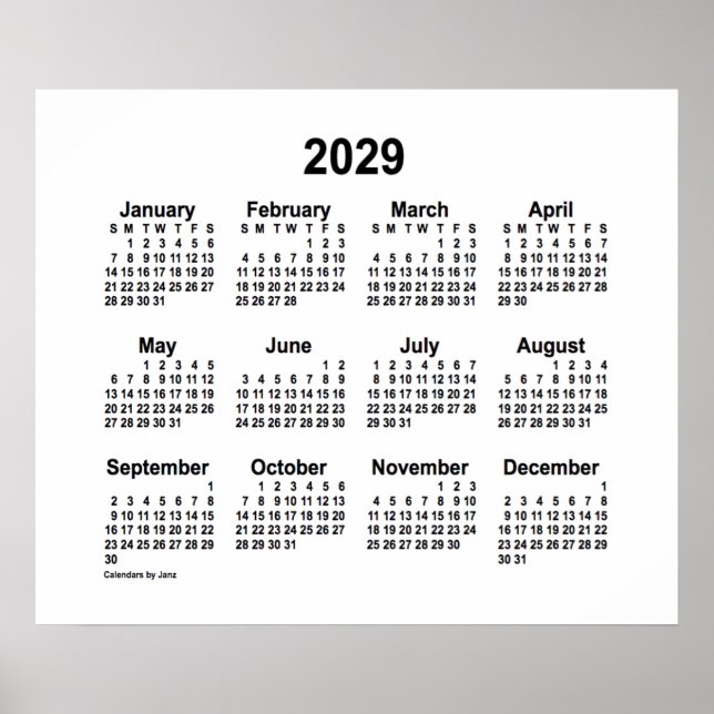 2029 Vit kalender av Janz Print Poster (Framsidan)