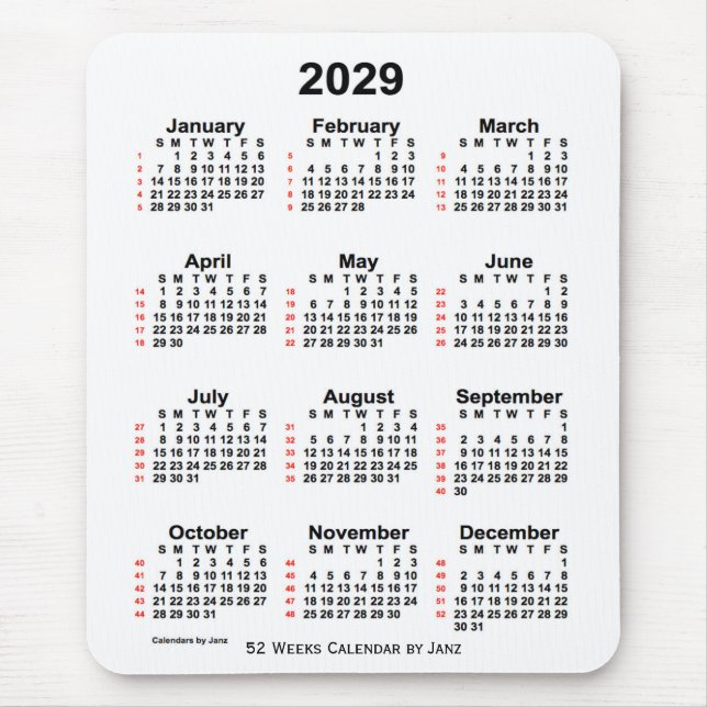 2029 Vit kalender för 52 veckor från Janz Musmatta (Framsidan)