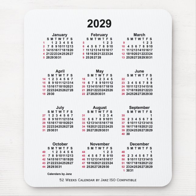 2029 Vita 52 veckor ISO-kalender från Janz Musmatta (Framsidan)