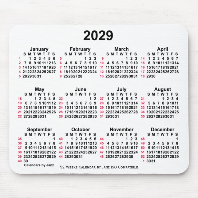 2029 Vita 52 veckor ISO-kalender från Janz Musmatta (Framsidan)