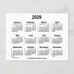 2029 Vita 52 veckors kalender från Janz Vykort