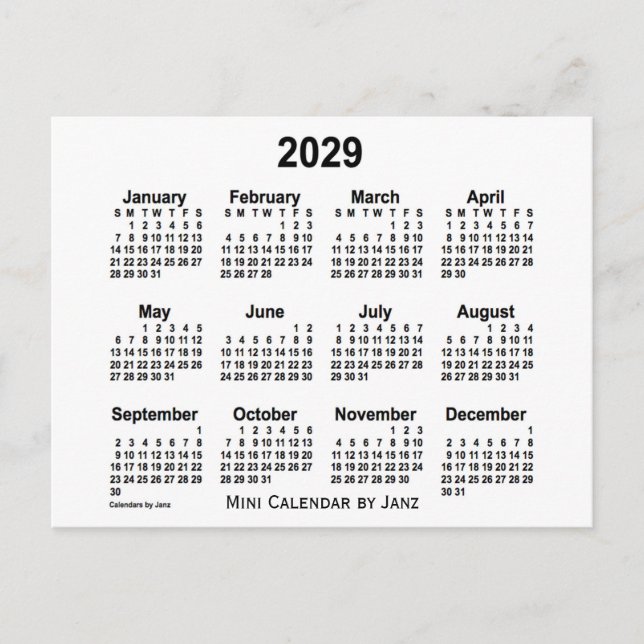 2029 Vitt Mini Kalender av Janz Vykort (Framsida)