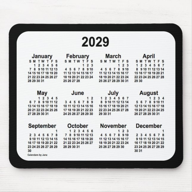 2029 White on Black Calendar från Janz Two Tone Musmatta (Framsidan)