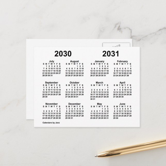 2030-2031 års vitbokskalender från Janz Vykort (Fram/Back In Situ)