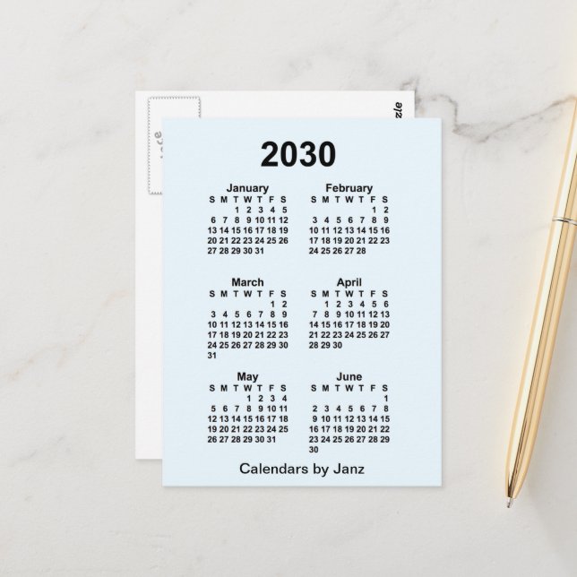 2030 Alice Blue 6 månaders mini-kalender av Janz Vykort (Fram/Back In Situ)
