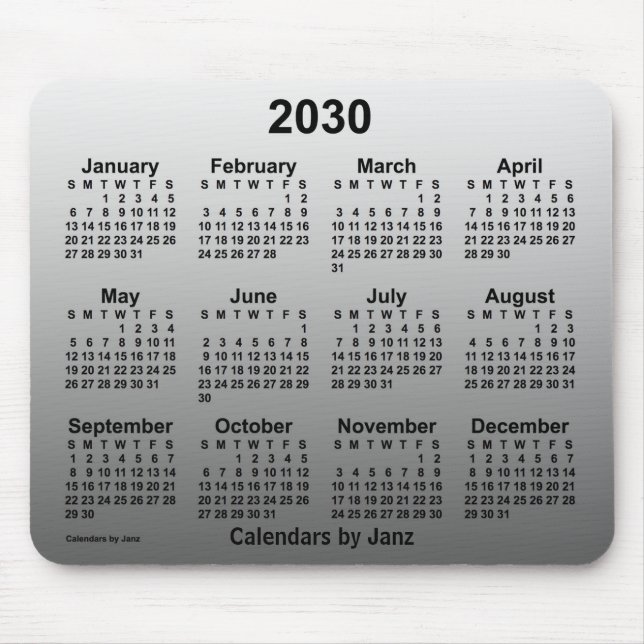 2030 års kalender för inmatad vit skrift från Janz Musmatta (Framsidan)