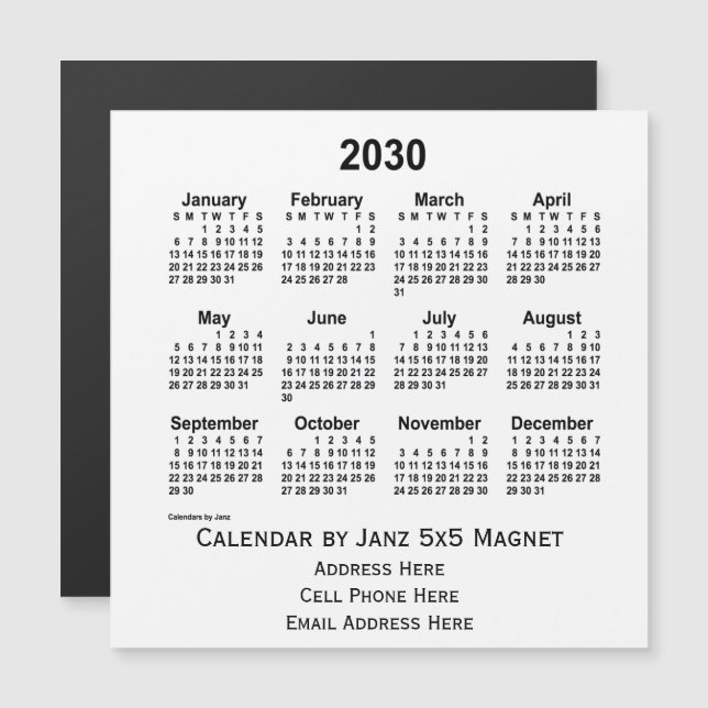2030 års vita affärskalender från Janz 5x5 Magnet (Fram/baksida)