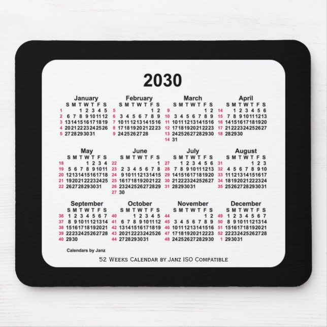 2030 Black 52 Weeks ISO Calendar av Janz Two Tone Musmatta (Framsidan)