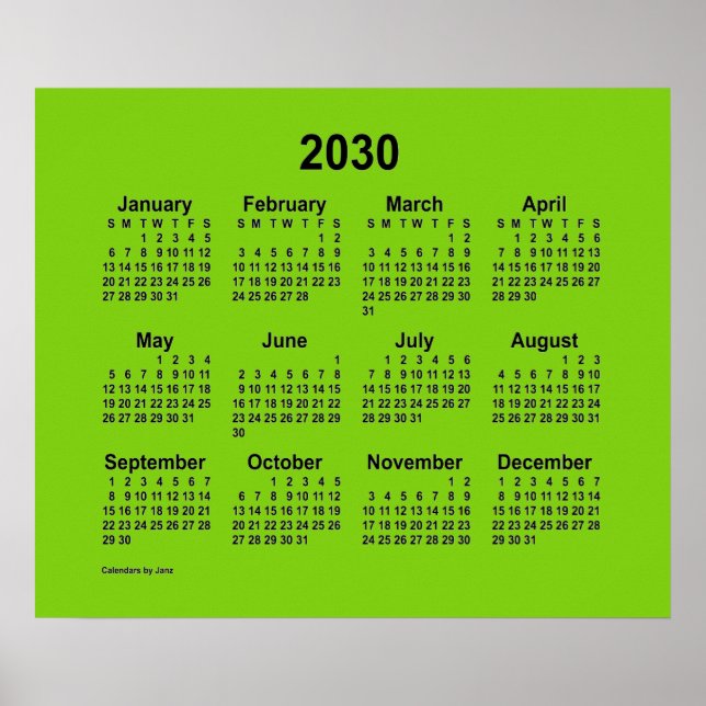 2030 Gul Grön Kalender av Janz Print Poster (Framsidan)