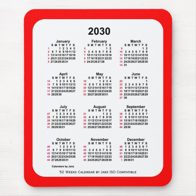 2030 Red 52 Weeks ISO Calendar av Janz Two Tone Musmatta (Framsidan)