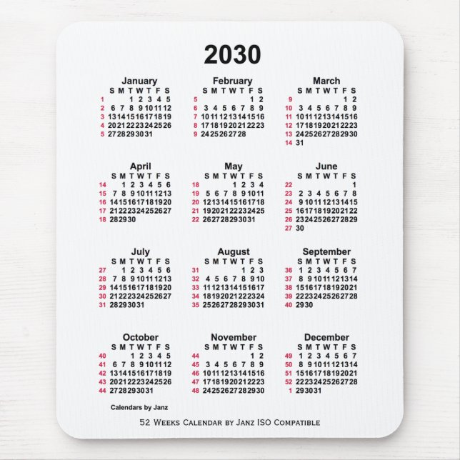 2030 Vit 52 veckor ISO-kalender från Janz Musmatta (Framsidan)