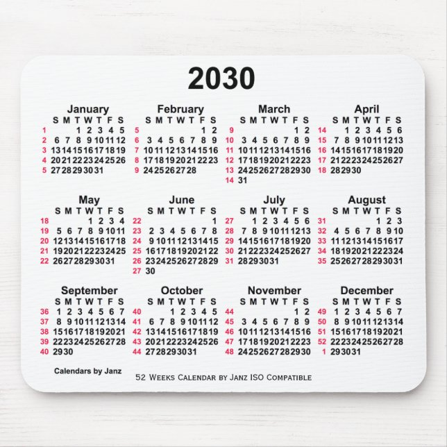 2030 Vit 52 veckor ISO-kalender från Janz Musmatta (Framsidan)