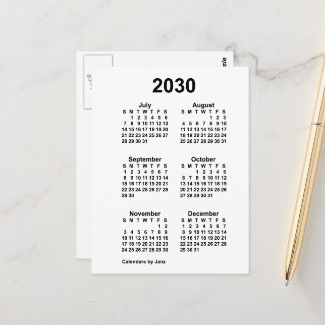 2030 Vit 6 månaders mini-kalender av Janz Vykort (Fram/Back In Situ)