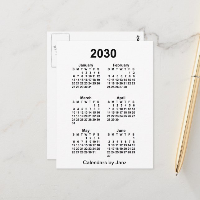 2030 Vit 6 månaders mini-kalender av Janz Vykort (Fram/Back In Situ)
