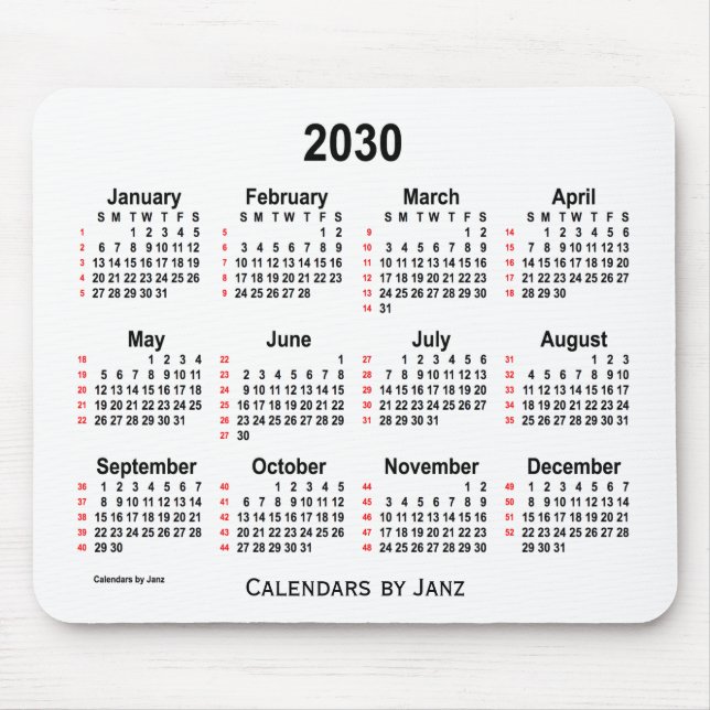 2030 Vit kalender 52 veckor från Janz Mouse Pad Musmatta (Framsidan)