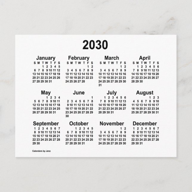 2030 Vit Mini Kalender av Janz Vykort (Framsida)