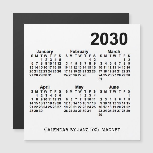 2030 Vit sexmånaderskalender av Janz 5x5 Magnet (Fram/baksida)