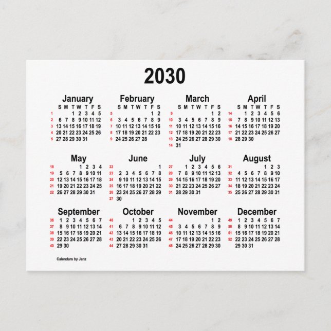 2030 Vita 52 veckors Mini-kalender från Janz Vykort (Framsida)