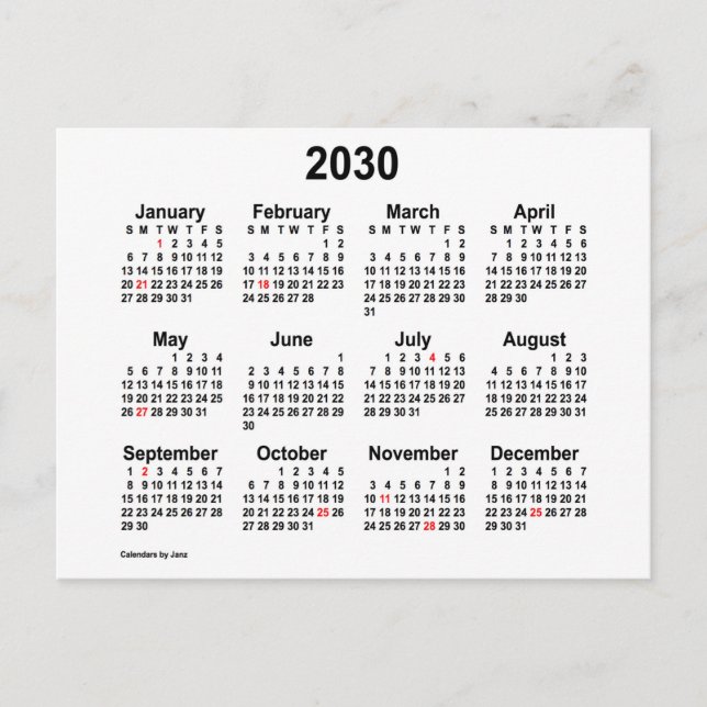 2030 White Helgdag Mini Calendar från Janz Vykort (Framsida)