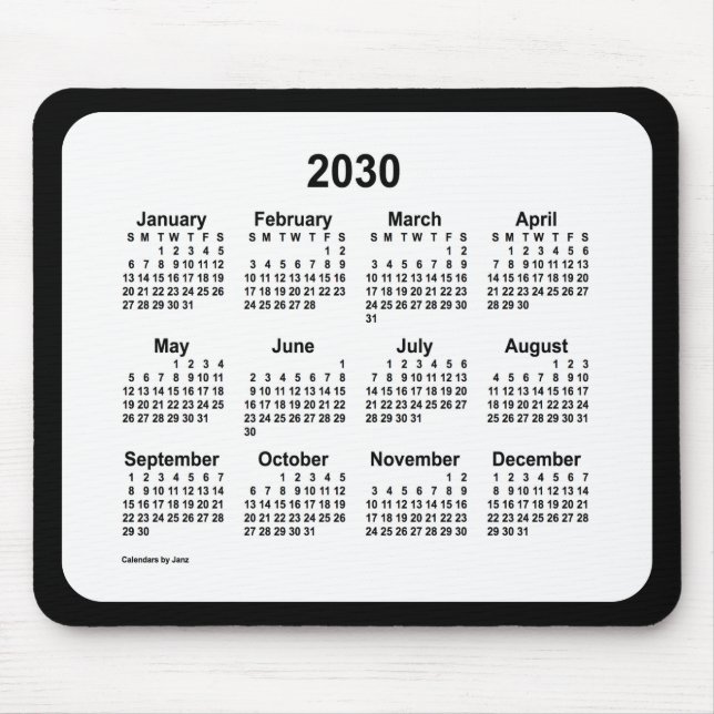 2030 White on Black Calendar från Janz Two Tone Musmatta (Framsidan)