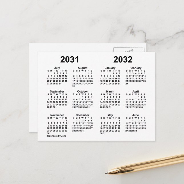 2031-2032 White School Year Calendar av Janz Vykort (Fram/Back In Situ)