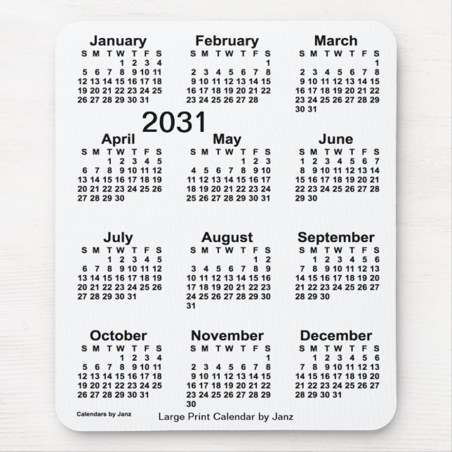 2031 års kalender för vit utskrift från Janz Musmatta (Framsidan)